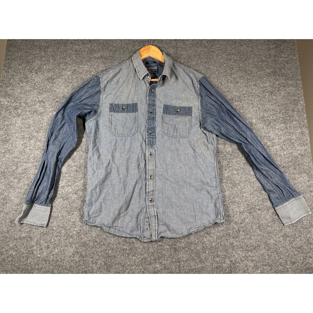 American Rag Cie Casual Shirt Mens Medium Blue Striped Long Sleeve Button Up